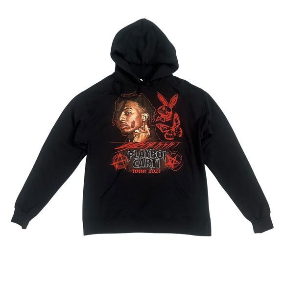 Playboi Carti Hoodie Mens Medium Black 2021 Narcissist Tour Rap Graphic Jerzees - Picture 1 of 12